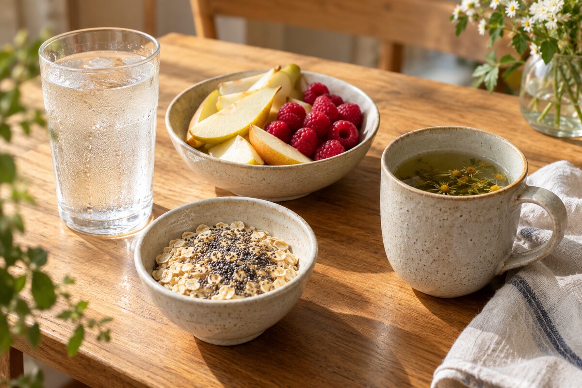 A glass of water, a bowl of pears and raspberries, a bowl of oats with chia seeds and a mug of herbal tea on a sunlit wooden breakfast table