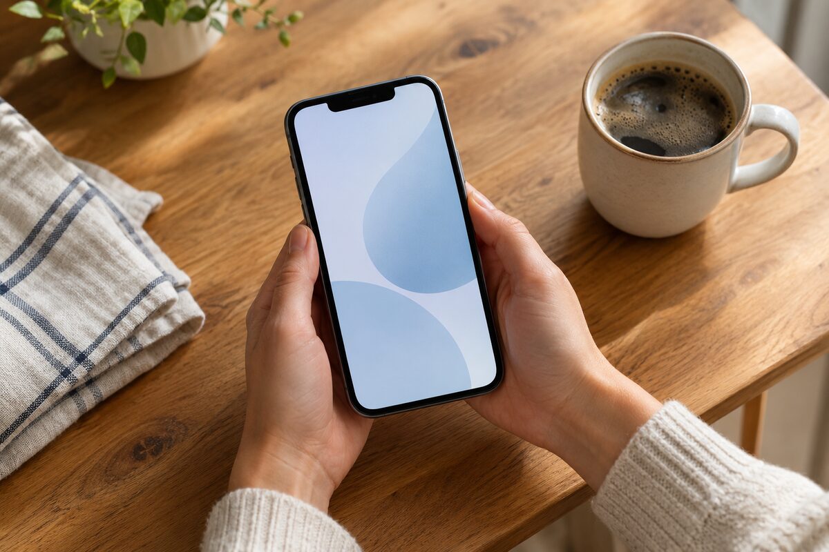 Two hands holding a smartphone with a blank pale blue screen above a wooden kitchen table beside a coffee mug and a folded tea towel