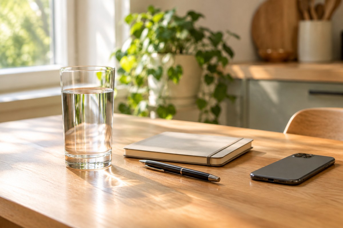 A glass of water, a closed notebook, a pen and a phone on a sunlit kitchen table on a quiet morning