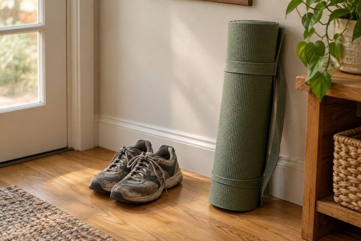 A pair of worn walking shoes and a rolled exercise mat in a sunlit entryway with an oak floor and pale wall