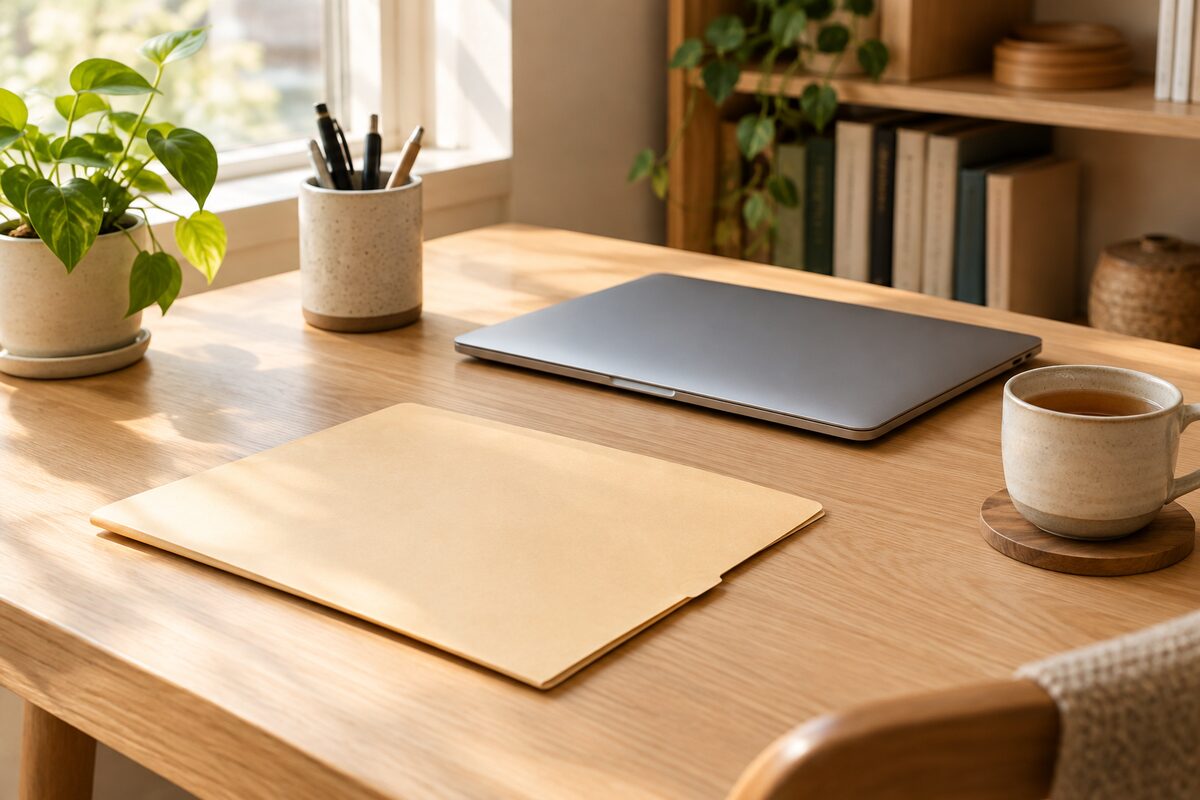 A tidy home desk in soft daylight with a plain manila folder, a closed laptop, a pen cup, a potted plant and a cup of tea