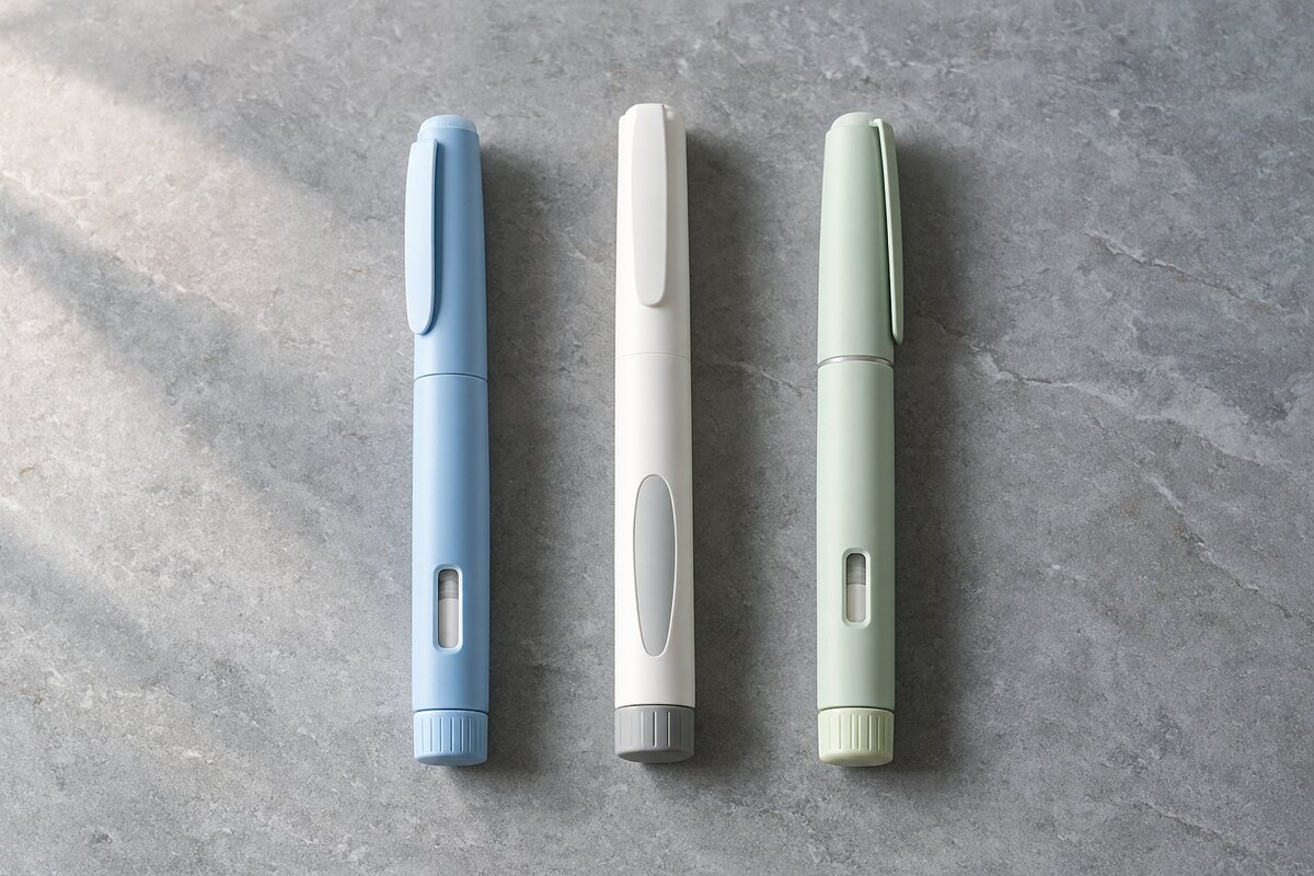 Three plain unbranded injection pens of different shapes arranged in a row on a smooth grey stone surface in soft daylight