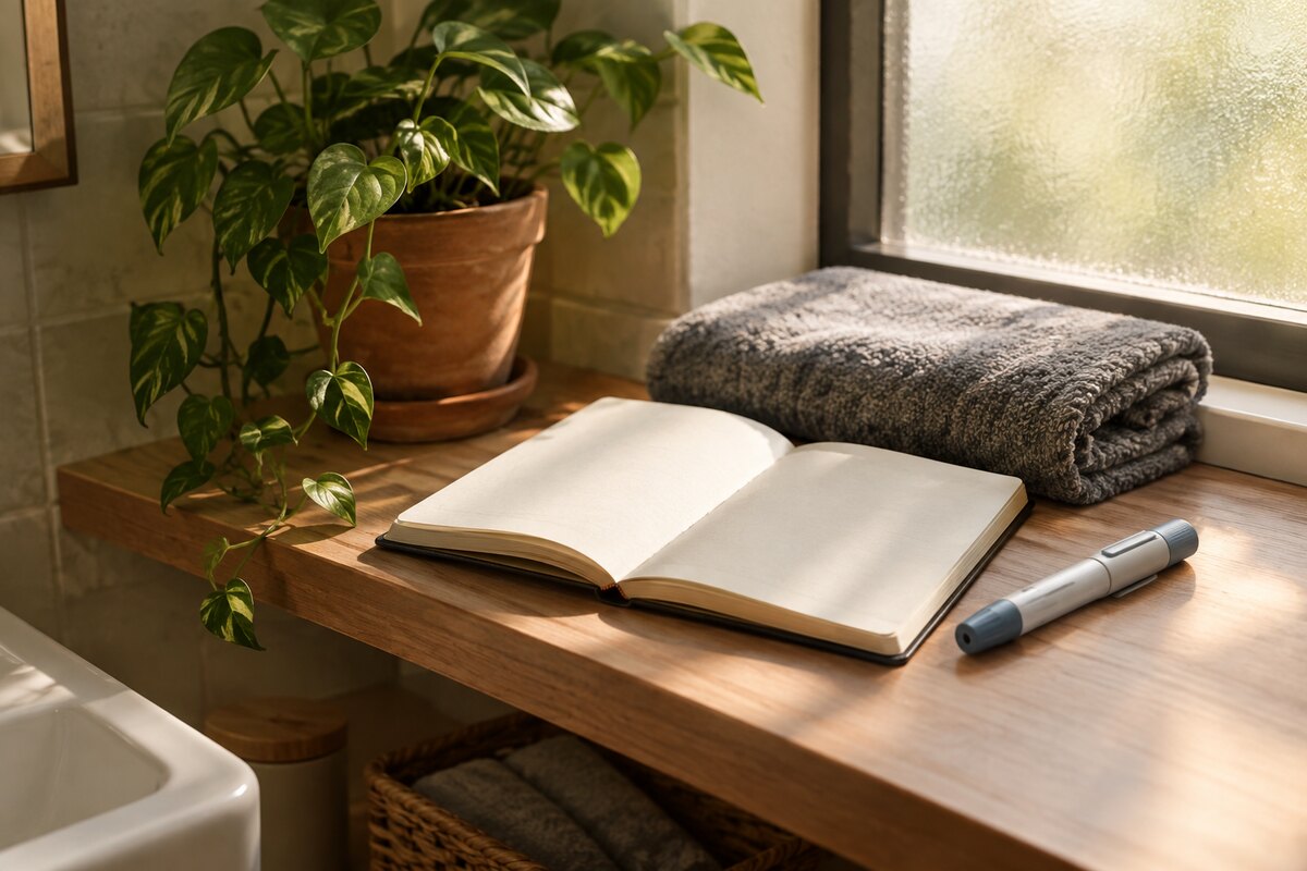 A bathroom shelf in soft morning light with a trailing plant, a folded flannel, an open blank notebook and an unbranded capped pen device