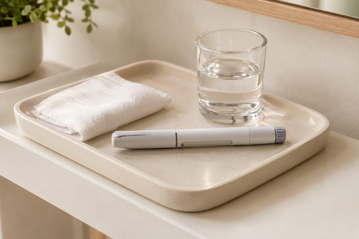 A capped injection pen on a pale ceramic tray with a folded white cloth and a glass of water on a tidy bathroom shelf in soft daylight