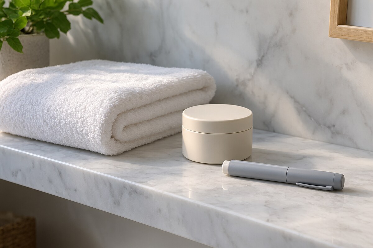 A pale marble bathroom shelf with a folded white cotton flannel, a small closed unlabelled cream tin and a plain unbranded injector pen lying beside them