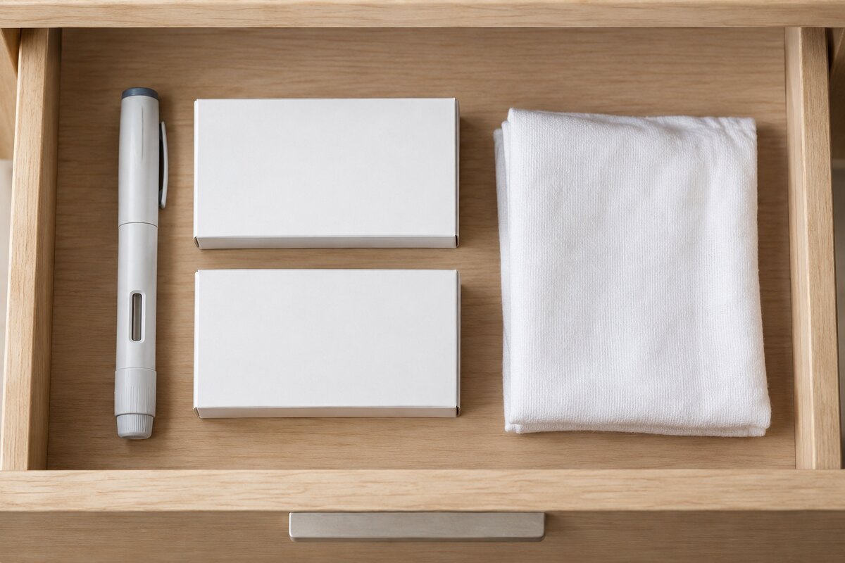 An open light wood drawer holding a plain unbranded injection pen, two blank white boxes and a folded white cloth, seen from above