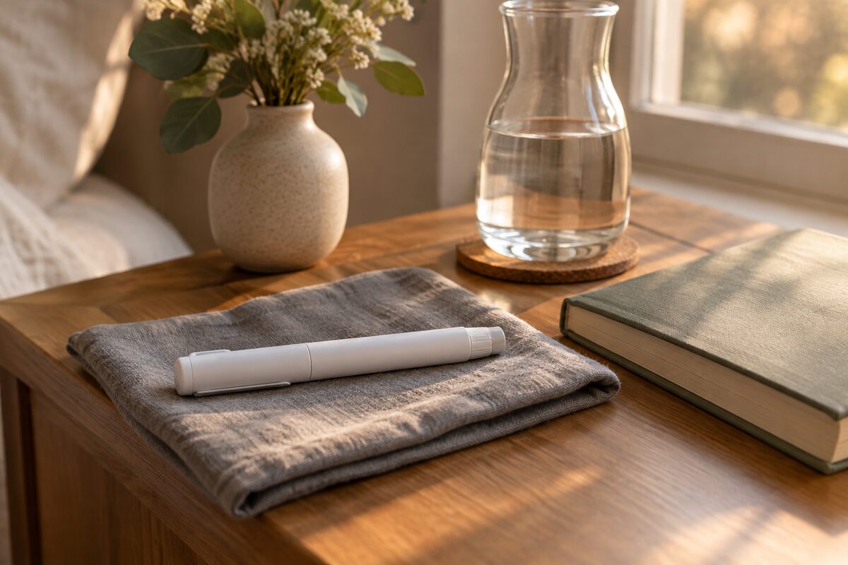A capped white injector pen lying on a folded linen cloth on a wooden bedside table beside a closed book and a carafe of water in late afternoon light