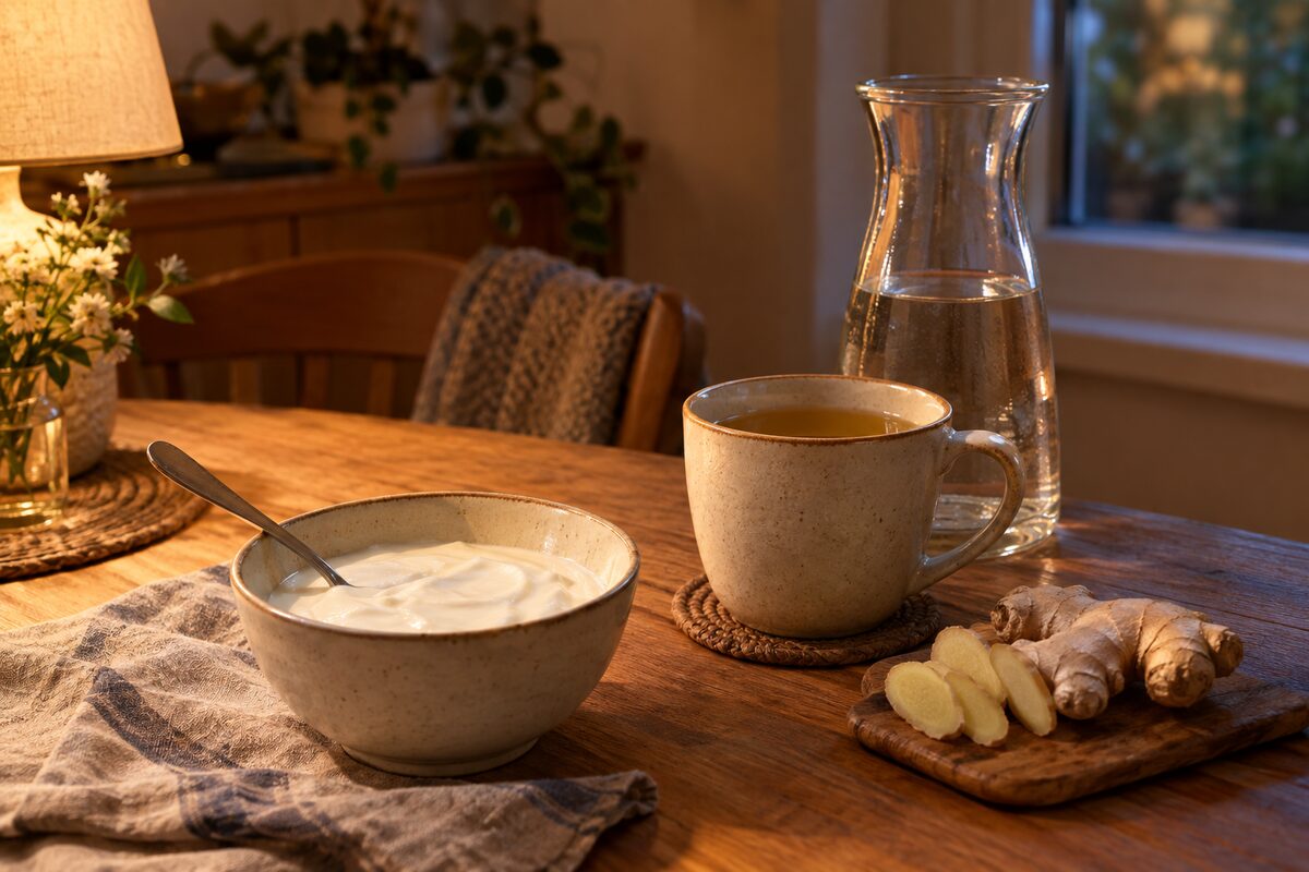A bowl of plain yogurt, a mug of ginger tea with sliced ginger and a glass carafe of water on a wooden table in warm evening lamplight