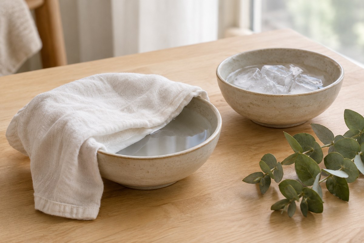 A folded soft cotton cloth draped over a shallow ceramic bowl of cool water beside a second bowl of ice and a sprig of eucalyptus on a pale wooden table