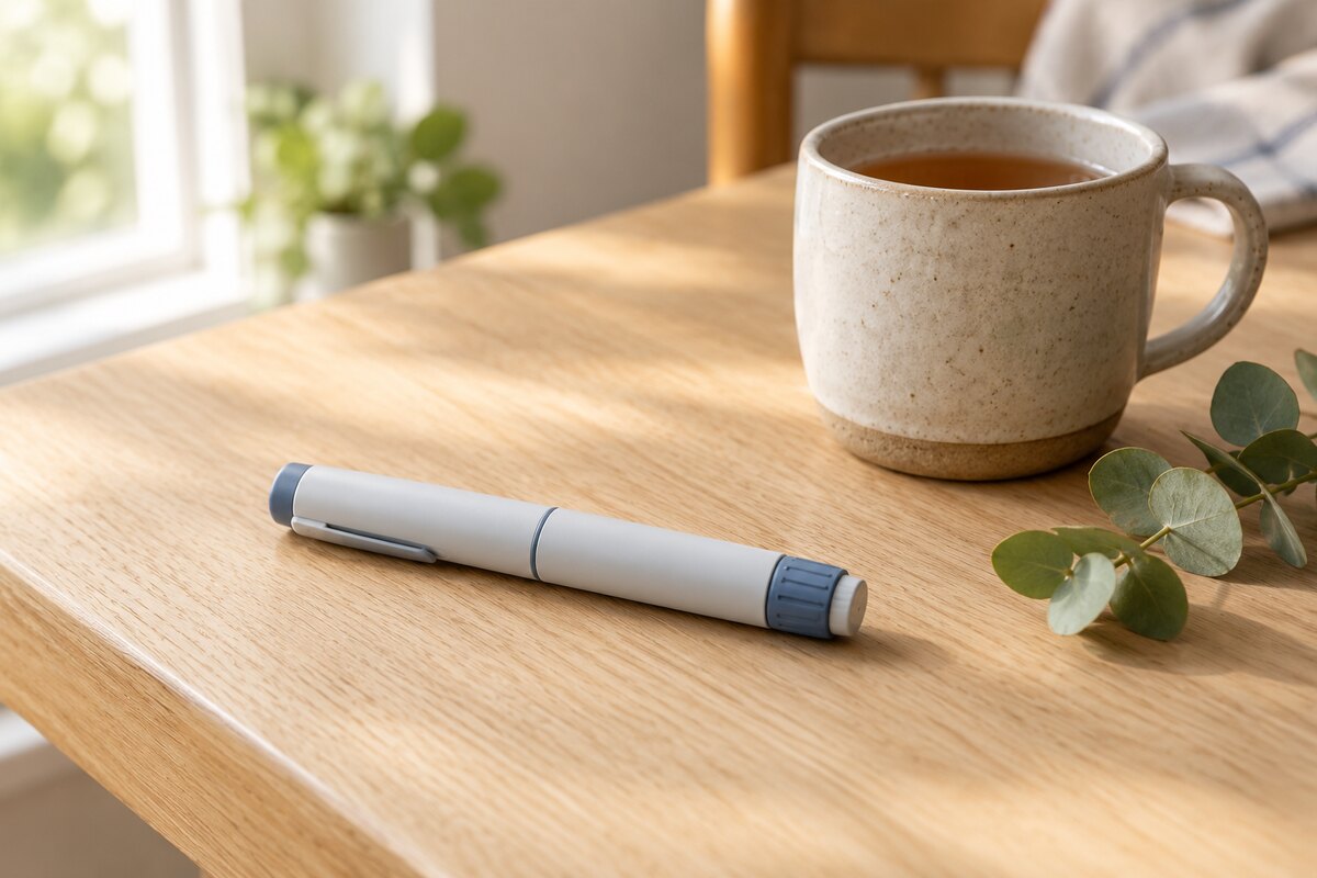 A plain unbranded injection pen resting on a pale oak kitchen table beside a mug of tea in soft morning light