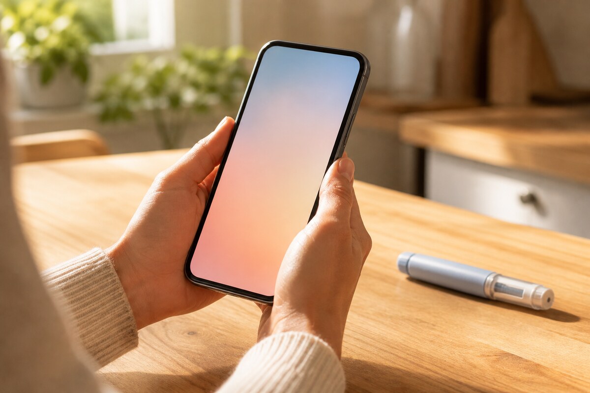 Two hands holding a smartphone with a plain blurred pastel screen over a sunlit wooden kitchen table, with an unbranded injector pen resting out of focus nearby