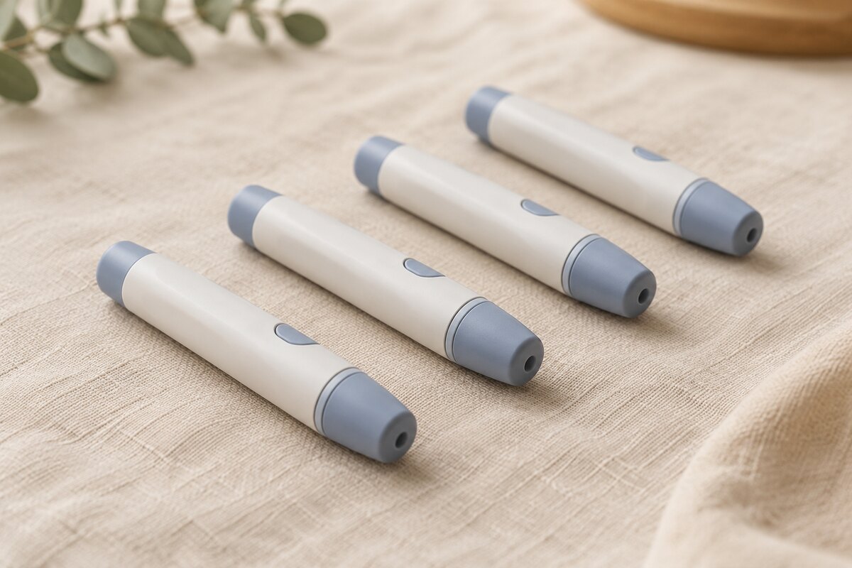 Four identical unbranded pen devices laid out in an evenly spaced row on pale linen in soft daylight