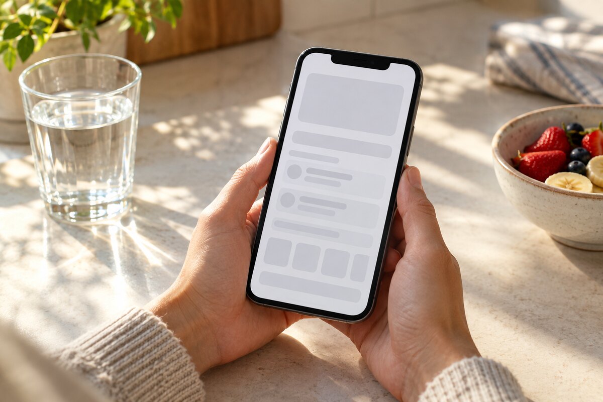 Hands holding a phone showing a plain unlabelled interface at a sunlit kitchen counter beside a glass of water and a bowl of fruit