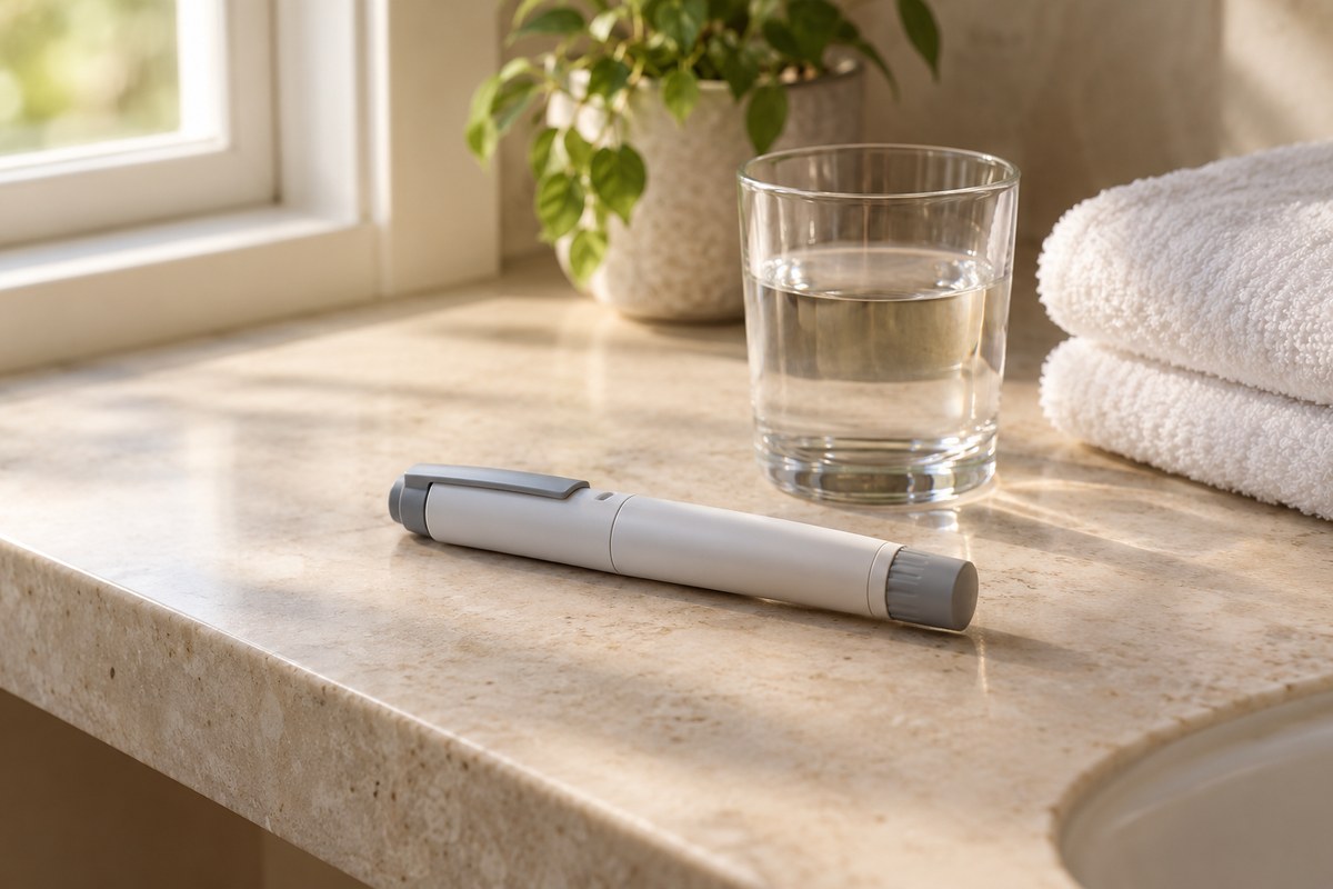 An unbranded injector pen resting on a sunlit stone bathroom counter beside a glass of water and neatly folded white towels