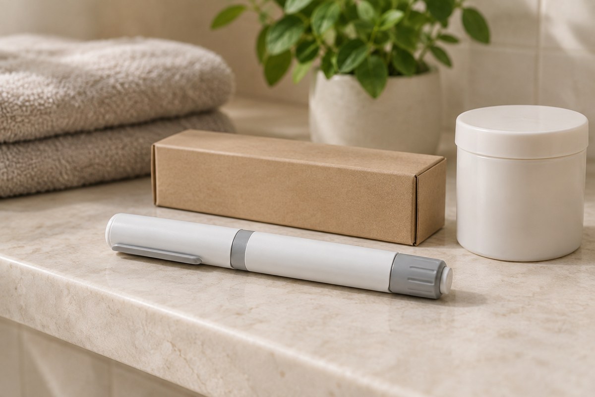 A capped multi-dose injector pen resting on a bathroom shelf beside a plain box and a closed disposal container