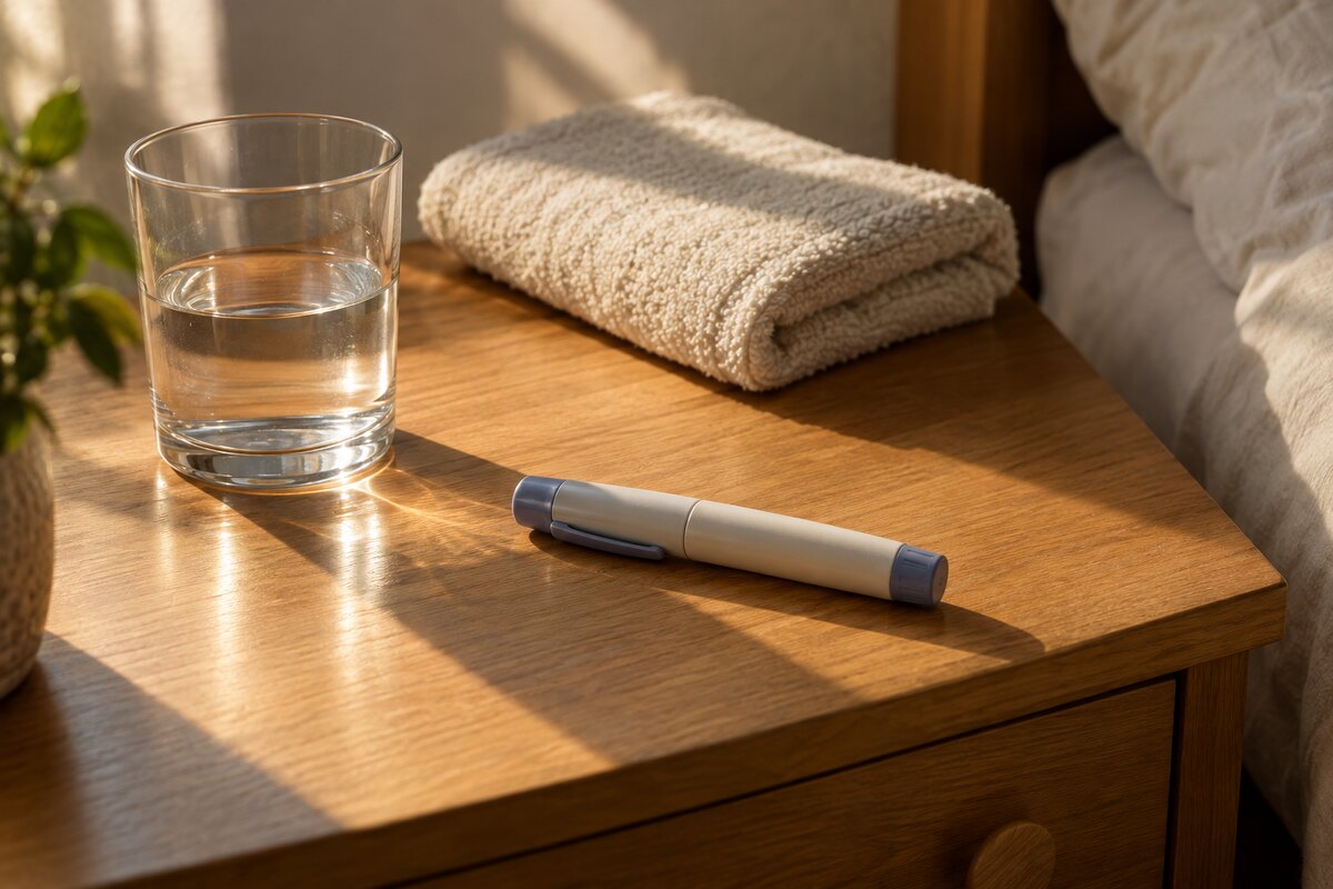 An unbranded capped pen device left overnight on a wooden bedside table beside a glass of water in early morning sunlight
