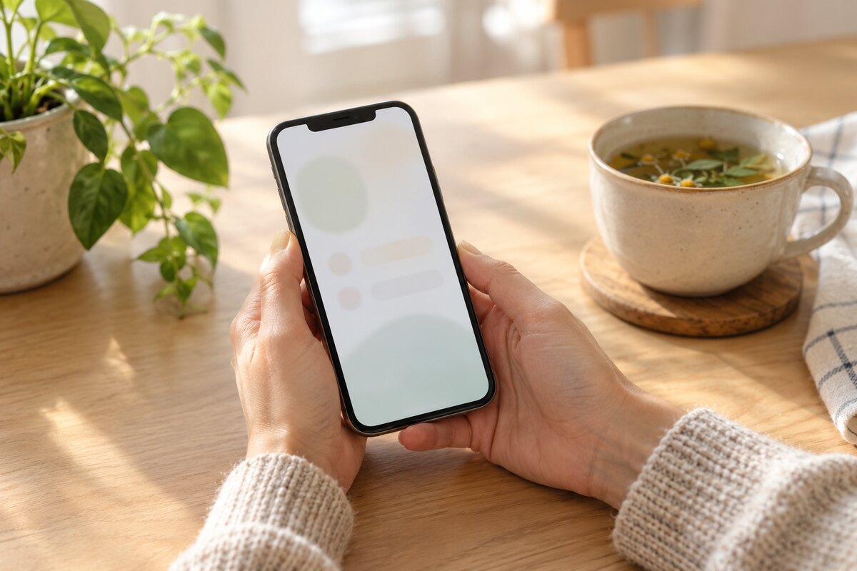Hands holding a phone showing a plain unlabelled tracking screen at a sunlit kitchen table beside a cup of tea