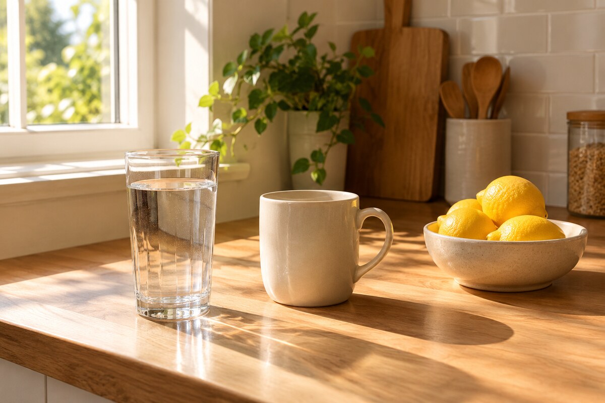 A sunlit kitchen counter in the morning with a tall glass of water, a plain ceramic mug and a shallow bowl of lemons on a light wood worktop
